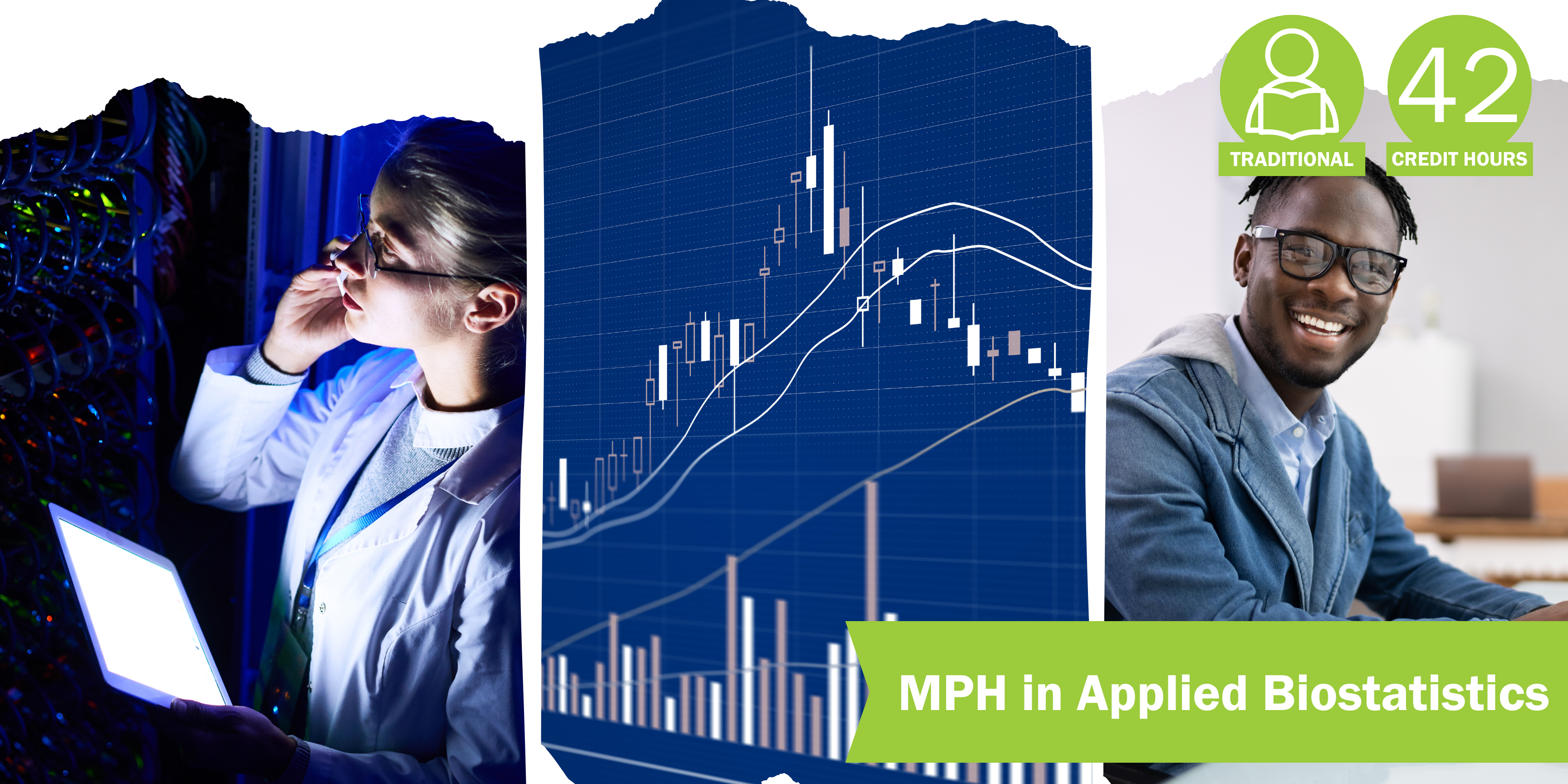 A collage of three decorative images depicting biostatistics with the title "MPH in Applied Biostatistics" and text "Traditional" course format and "42 credit hours".