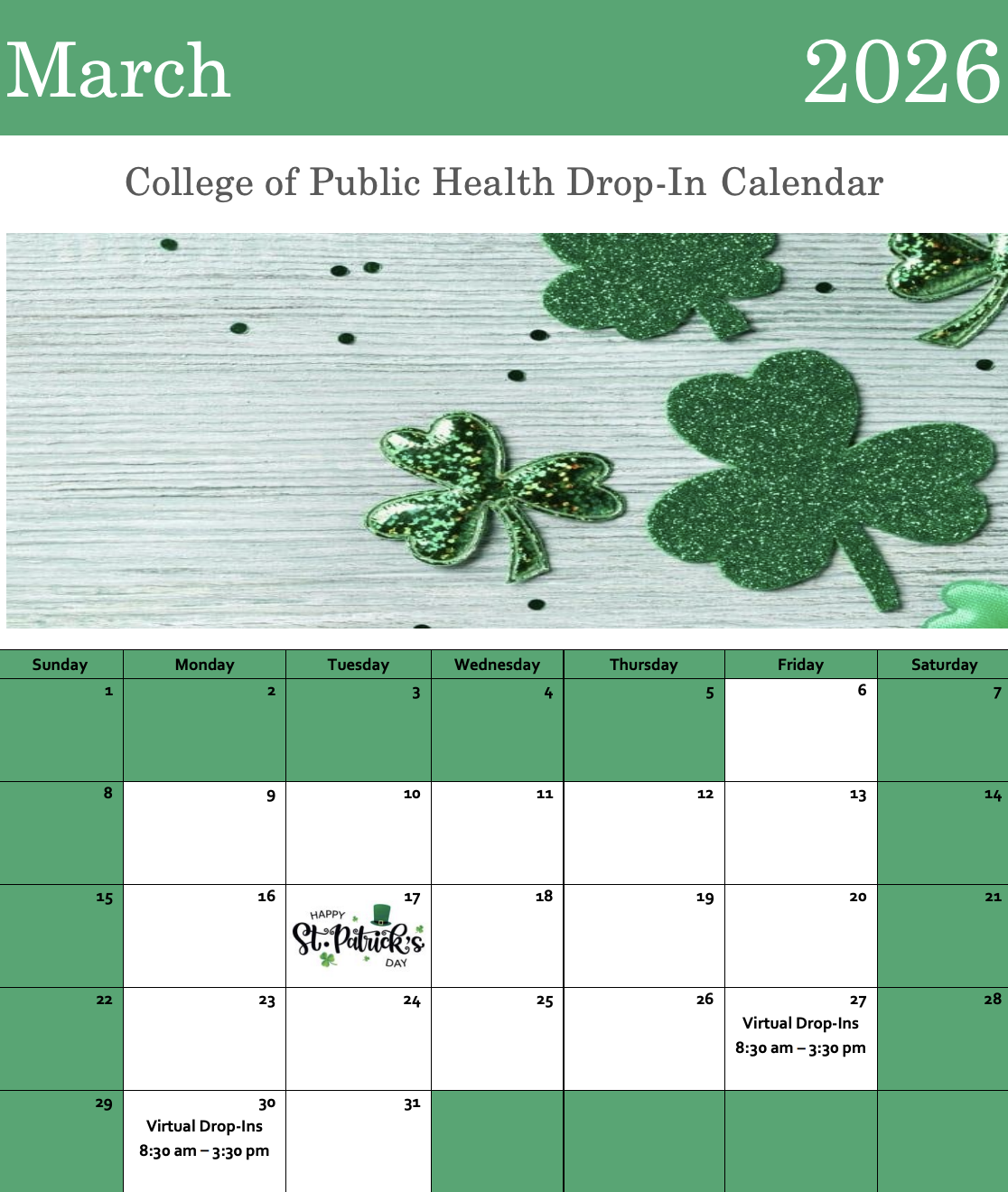 A decorative calendar depiction of the March 2026 drop-ins.