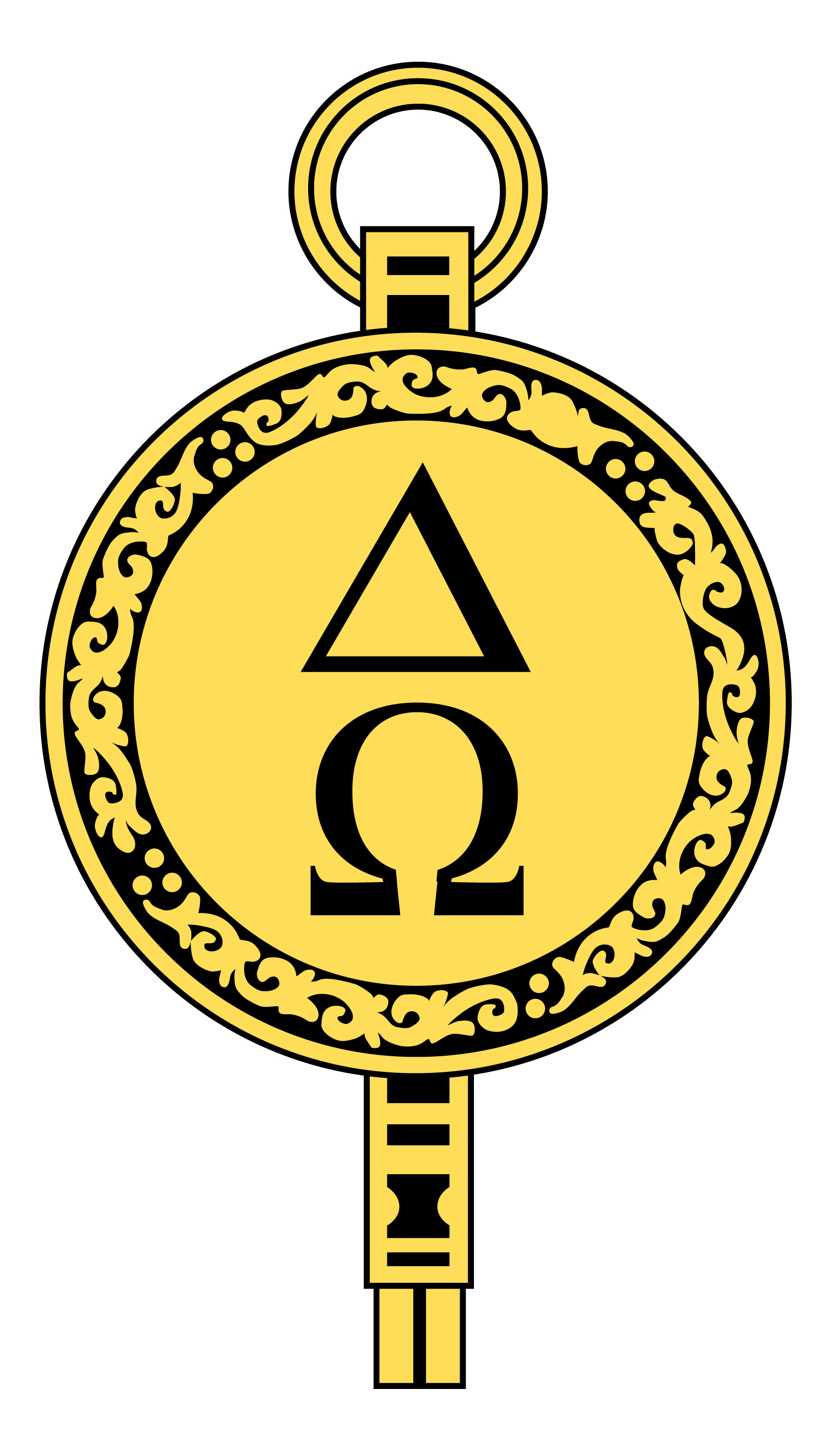Delta Omega's emblem. It is a circular gold key with the Greek letters ΔΩ engraved vertically. Its colors are black and gold.