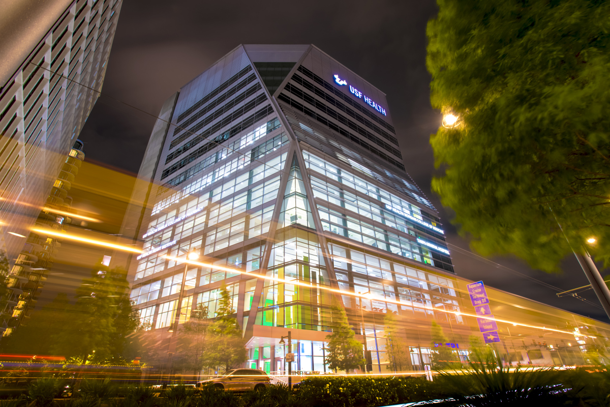 USF Health downtown Tampa building with lights illuminated in the night skyline
