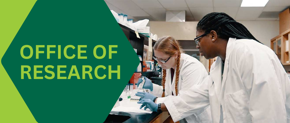 the text "Office of Research" next to an image of two students conducting research in a lab