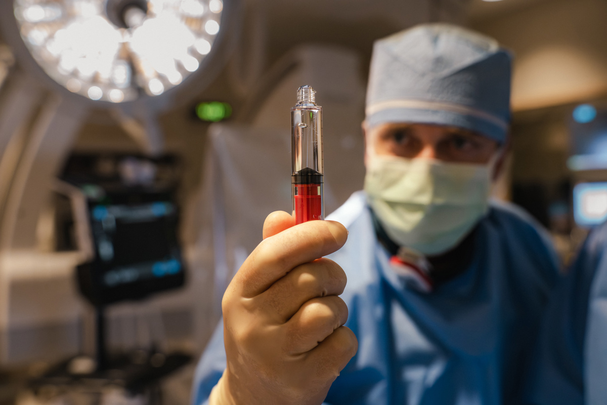 Medical professional dressed in blue scrubs holds up a syringe as the focal point