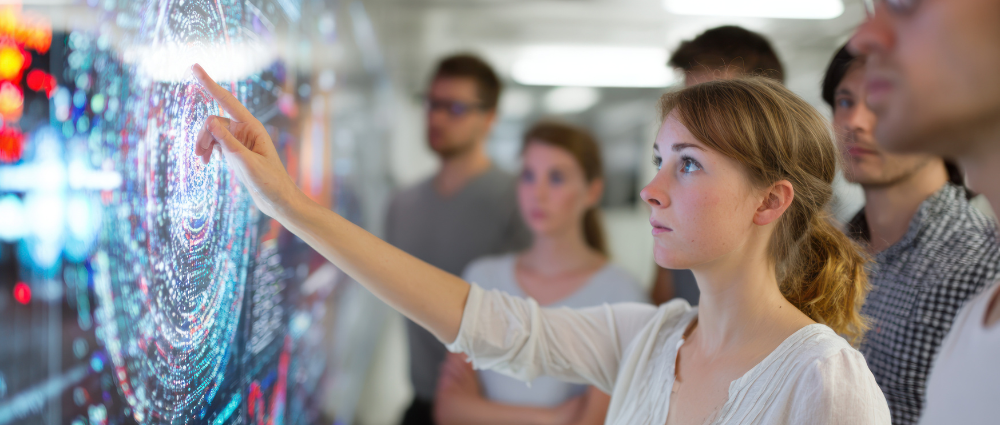 A group of people looking at data on a large screen