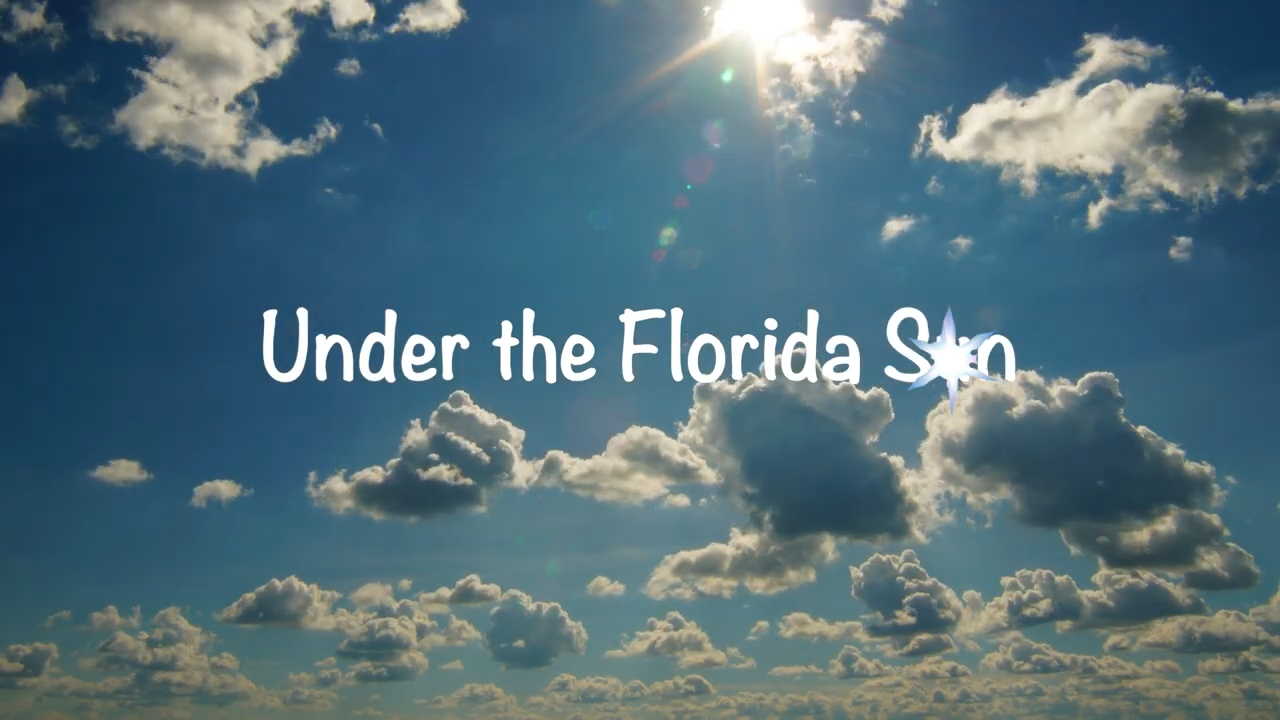 Title card for the documentary 'Under the Florida Sun' with white text over a bright blue sky and sunlit clouds.