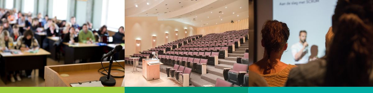 Various images of people sitting in an auditorium with a lecture presentation