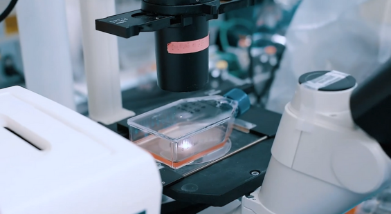A microscope examining a substance in a laboratory