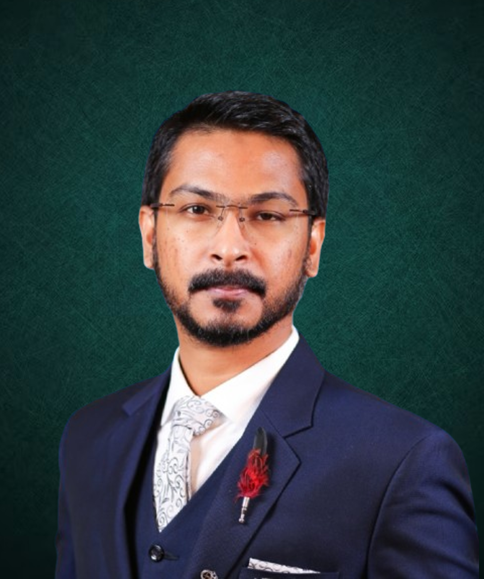 Md. Mahmodul Islam posing for a headshot wearing a navy blue suit with white dress shirt, tie and floral pin