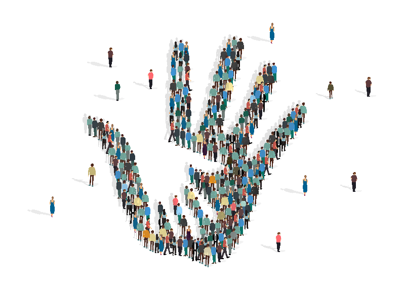 Hundreds of people from above making a hand shape