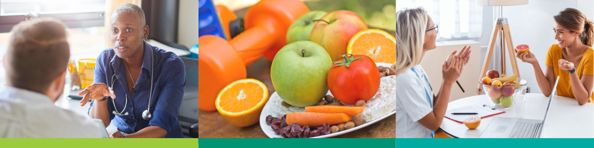 A collage of three images showing nutritionists and wellness coaches meeting with their patients as well as various fruits and vegetables