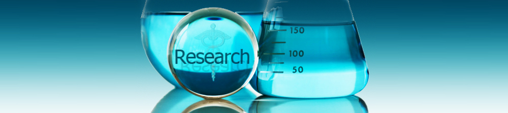 blue beakers with research written on one