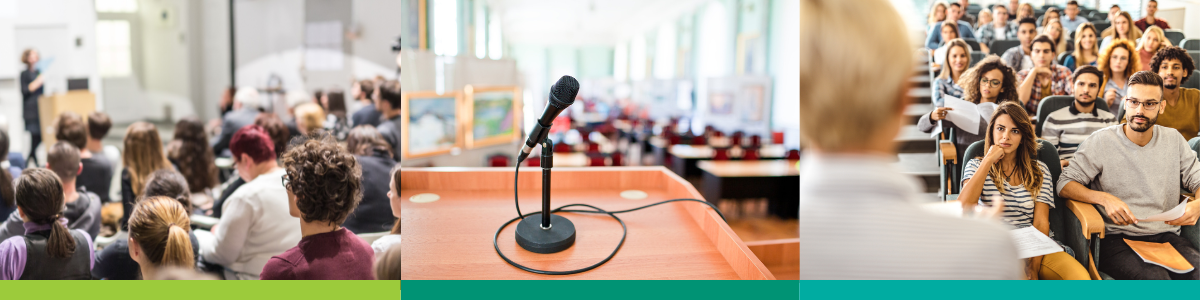 A collage of people engaged in an auditorium setting, actively participating in discussions and listening.