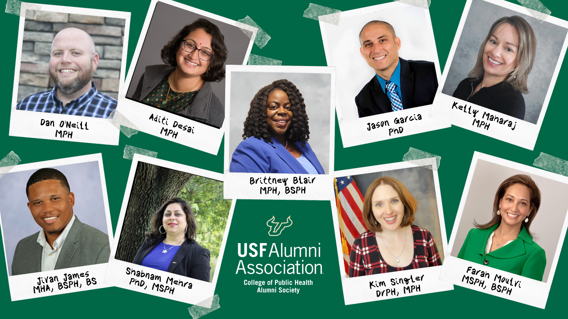 A decorative graphic featuring eight polaroid-style photos of COPH Alumni Society Board Members, each labeled with the member's name and title, arranged on a green background.