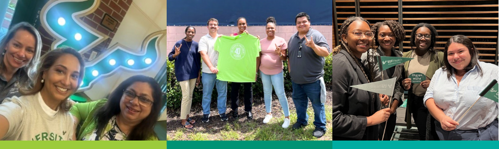 Collage of three images showing COPH alumni: one in front of a neon USF Bulls logo, one outdoors holding a green COPH shirt, and one indoors with small USF-themed flags or banners.