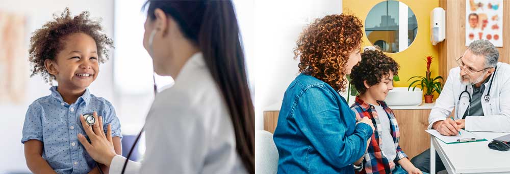 Pediatrician listens to her patients heart with her stethoscope. The little boy is sitting up on the exam table smiling back at his doctor as she holds the instrument to his chest. Friendly pediatrician communicate with child patient at doctor's office while pediatrician consultation.
