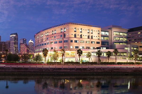 Tampa General Hospital main campus view from across the Tampa Bay water