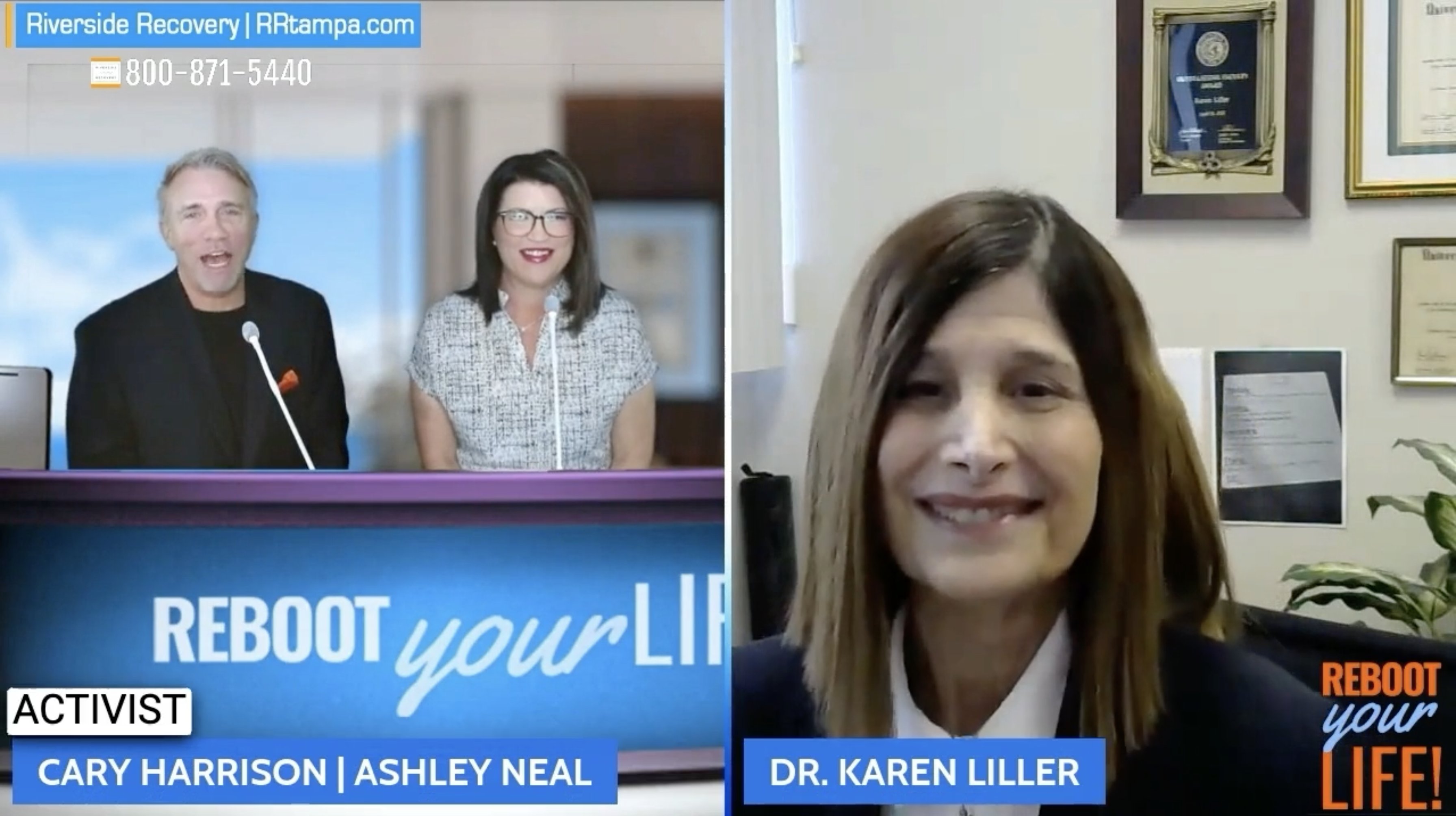 Split-screen video call with Reboot Your Life hosts Cary Harrison and Ashley Neal on the left, and Dr. Karen Liller on the right in an office setting.