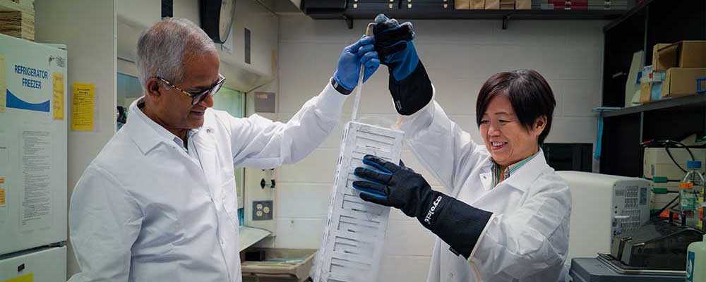 USF Health researchers remove lab samples from container of dry ice