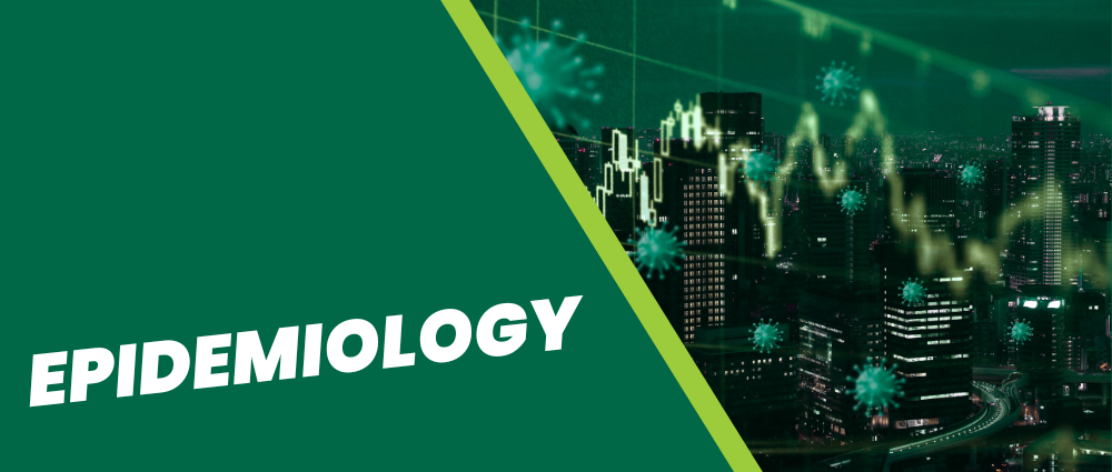 An epidemiological graph showing a trend-line in the foreground of a cityscape next to the words "Epidemiology" in front of a green background.