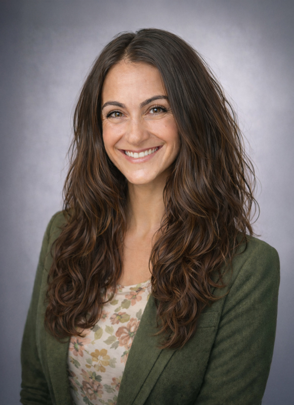 Cindy Thomas smiling wearing a floral blouse and green blazer in front of a grey backdrop