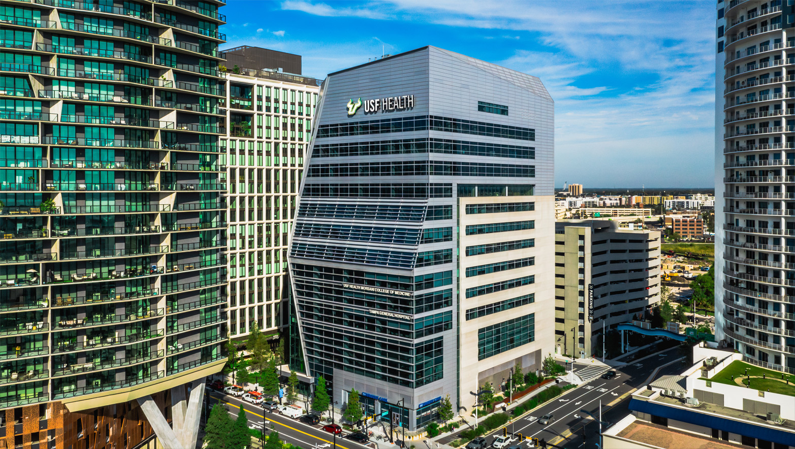 USF Health MDD building downtown, aerial view. 