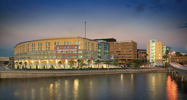 A waterfront view of Tampa General Hospital as seen from Bayshore Boulevard in South Tampa, Florida